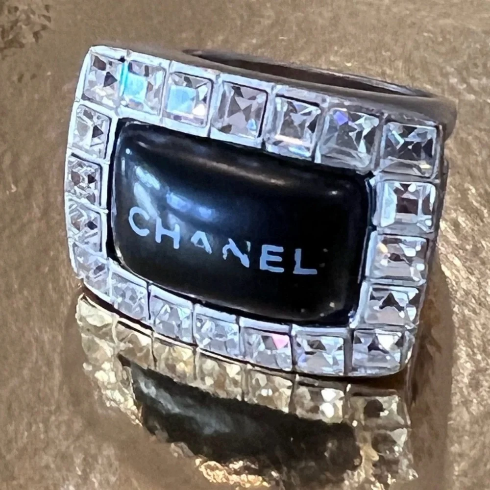 CHANEL Vintage Resin & Strass Logo Ring Size 6 Black/Silver